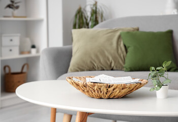 Newspapers with houseplant on table in living room, closeup