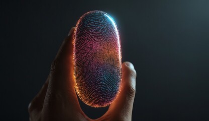 Hand holding a colorful futuristic device with glowing fingerprint data