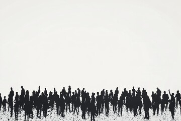 Naklejka premium This image depicts a large crowd of people silhouetted against a blank, white background, emphasizing the unity and diversity of human presence in an abstract yet powerful form.