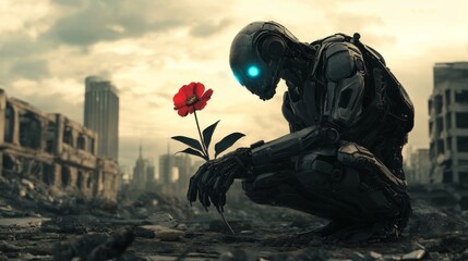 A futuristic robot with glowing blue eyes kneels in rubble of a devastated city, admiring a vibrant red flower, symbolizing life amidst a post-apocalyptic world.