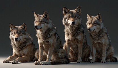 Four wolves sitting and standing together against a grey background
