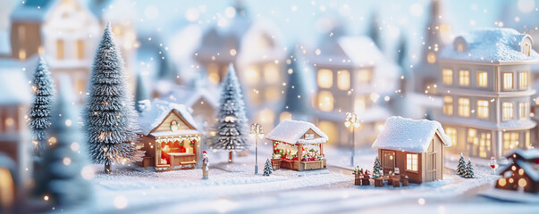Obraz premium Lit Christmas miniature town covered in snow, cozy houses, glowing lights, magical and festive holiday scene