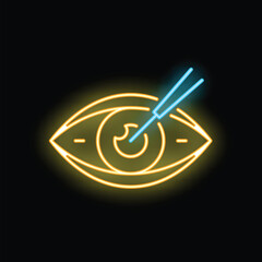 Neon icon of eye surgery correcting vision with a laser, representing ophthalmology and eyesight correction