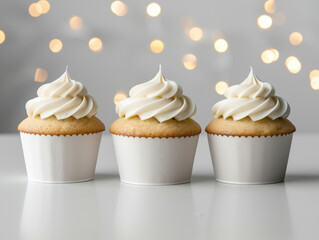 White icing three cupcake mockup with minimal decor, swirl plain icing, natural lighting, sparkle background