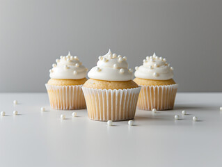 White icing three cupcake mockup with minimal decor, smooth icing, natural lighting with pearl decor