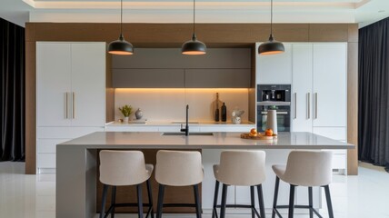 Modern Kitchen With Sleek Design, Functionality, and Elegant Touches Enhanced by Ambient Lighting. Generative AI