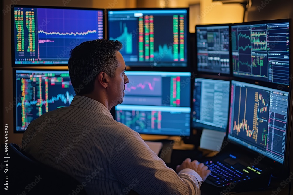 Poster a focused trader analyzes market data on multiple screens in a dimly lit office during an evening se