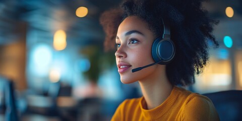 Professional engaged in video conference, wearing headset, office environment softly blurred, conveying a collaborative atmosphere