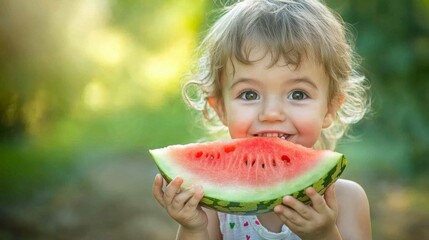 A cheerful child with curly hair enjoys a juicy slice of watermelon, embodying the essence of summer and happiness, with sunlight creating a warm ambiance.