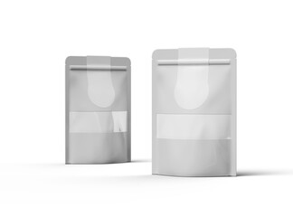 Render of a glossy doypack with transparent window and top sticker label on a transparent background