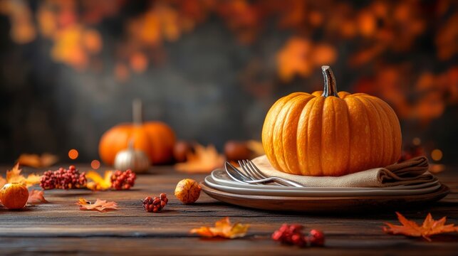 Happy Thanksgiving Day. Festive Empty plate and autumn leaves on a rustic wooden table and space for text on wood background,