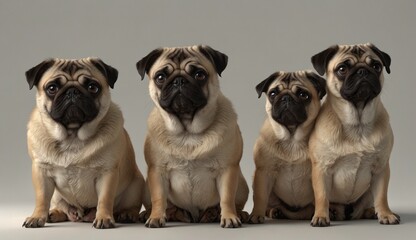 Obraz premium Four adorable pugs sitting together, showcasing their unique charm.