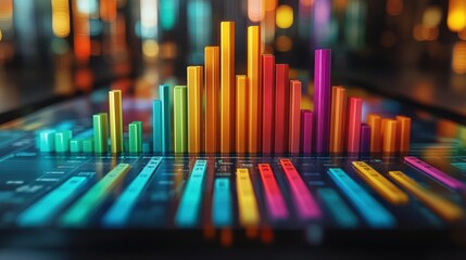 Colorful 3D bar charts displayed on a digital screen with vibrant lighting, representing data analysis, business growth, technology, and futuristic financial insights