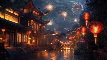 Obraz premium Festive Nighttime Street in a Chinese Town with Fireworks and Lanterns