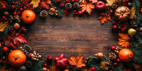 Happy Thanksgiving Day. Festive Empty plate and autumn leaves on a rustic wooden table and space for text on wood background,