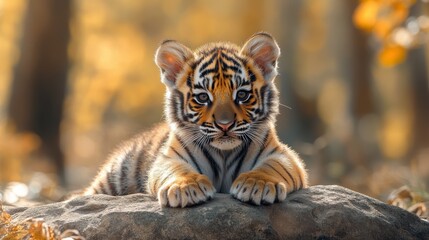 Adorable tiger cub lying on a rock in the forest, gazing into the camera with intense eyes, surrounded by warm golden light during a peaceful autumn day