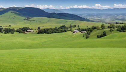 Obraz premium Vast green pastures with rolling hills and distant mountains under a bright blue sky in an idyllic countryside landscape. Generative AI