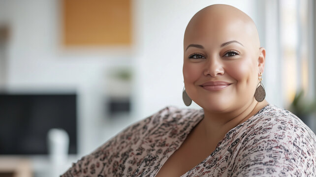 Bald plus size female office worker smiling; office environment; inclusive & diverse friendly workplace. Acceptance of diversity, body inclusive theme. Diversity themes poster concerning baldness, bea