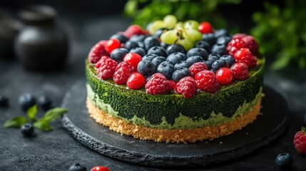 Vibrant green cake topped with fresh blueberries, raspberries, and grapes, served on a black slate plate, showcasing a healthy dessert full of delicious fruit