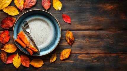 Happy Thanksgiving Day. Festive Empty plate and autumn leaves on a rustic wooden table and space for text on wood background,