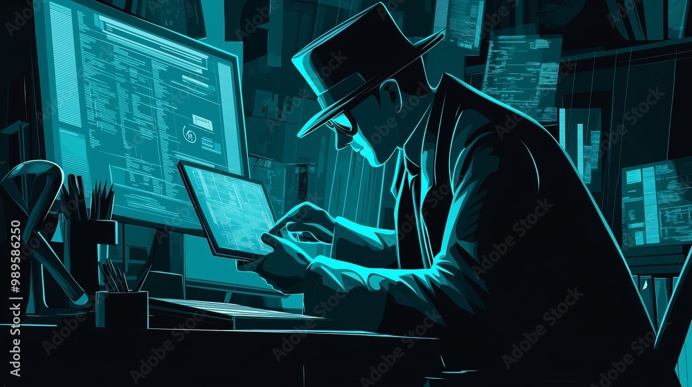Poster hacker in fedora at computer illustration
