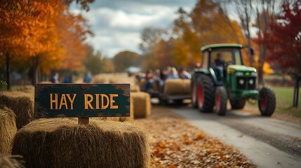 Sign that reads &ldquo;HAY RIDE&rdquo; - tractor pulling trailer - fall - autumn - Halloween carnival - fall festival - farm - kids - children - golden hour - fall foliage