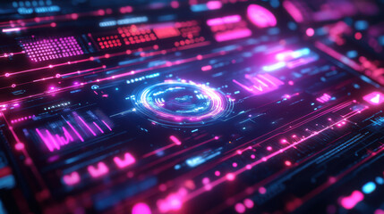Neon holographic digital interface with vibrant pink and blue lights, representing futuristic technology, data visualization, and advanced analytics in a high-tech virtual environment