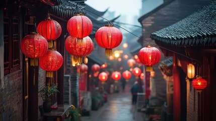 Naklejka premium Red Lanterns Illuminating a Narrow Street in a Chinese Town