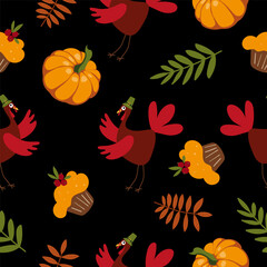 Happy Thanksgiving. Endless turkey and pumpkin background on black background. Seamless Repeat Pattern. Autumn vector pattern for textiles, packaging, paper, wallpaper.