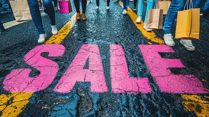 A close-up of a pink Sale inscription on the asphalt against a background of blurred people with colorful bags. The concept of discounts and sales