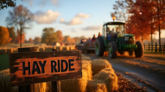 Sign that reads &ldquo;HAY RIDE&rdquo; - tractor pulling trailer - fall - autumn - Halloween carnival - fall festival - farm - kids - children - golden hour - fall foliage