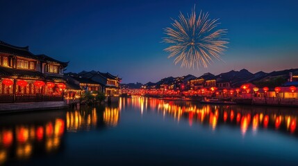 Obraz premium Illuminated Chinese Water Village with Fireworks Display at Night
