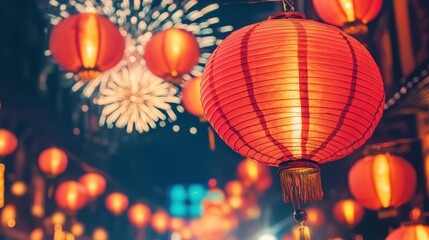Fototapeta premium Red Chinese Lanterns Hanging with a Fireworks Display in the Background