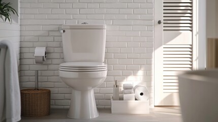 Elegant Modern Bathroom Featuring a Stylish White Toilet and Organized Essentials for a Fresh Atmosphere. Generative AI