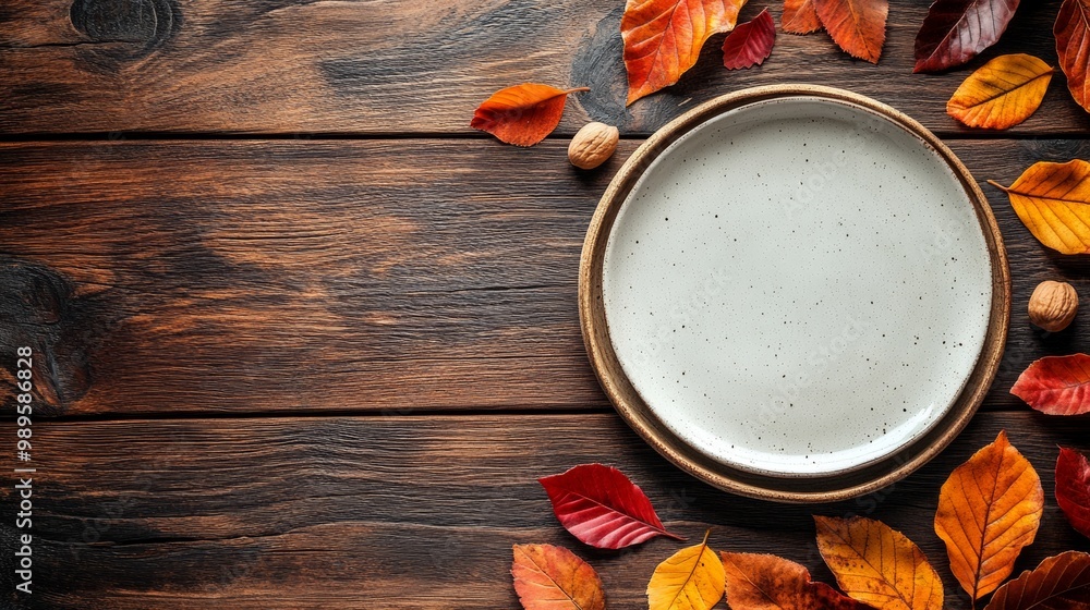 Canvas Prints happy thanksgiving day. festive empty plate and autumn leaves on a rustic wooden table and space for