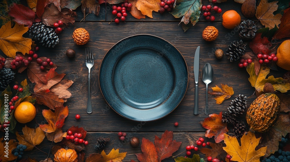 Canvas Prints happy thanksgiving day. festive empty plate and autumn leaves on a rustic wooden table and space for