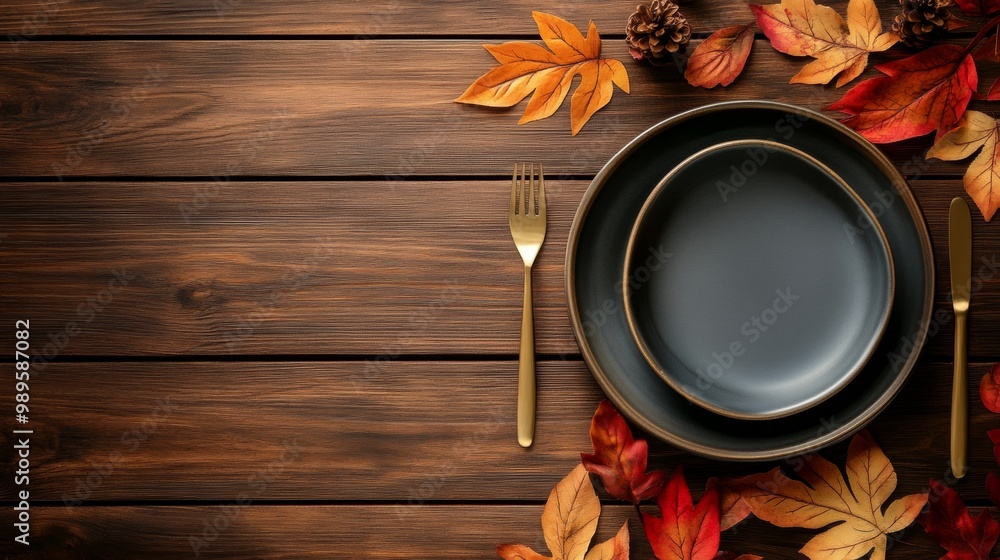 Canvas Prints happy thanksgiving day. festive empty plate and autumn leaves on a rustic wooden table and space for