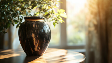 Black marble urn in warm sunlight with plant in background