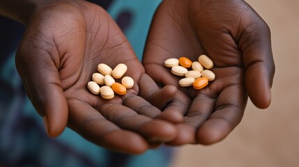 Healthcare and medication - Close-up of hands holding various pills and tablets, a person taking medicine.