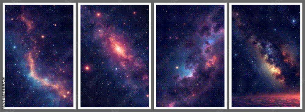 Leinwandbilder set of pixelated posters with futuristic deep space scene in pixel art style with dithering effect. 