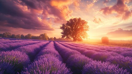 A breathtaking sunset casts pastel hues across a sprawling lavender meadow, creating a symphony of colors. The vibrant flowers dance in the gentle breeze, their fragrance carried by the wind