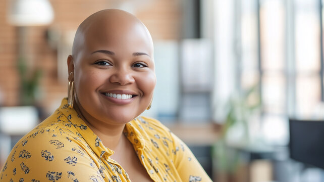 Bald plus size female office worker smiling; office environment; inclusive & diverse friendly workplace. Acceptance of diversity, body inclusive theme. Diversity themes poster concerning baldness, bea