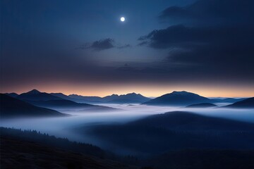 Fototapeta premium Mystical Twilight Landscape with Mist and Mountains