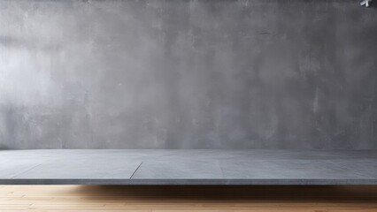 Empty Gray Wall Room interiors Studio Concrete Backdrop and Floor cement Shelf, well editing montage display products and text present on free space Grey Color Background