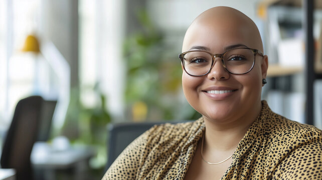 Bald plus size female office worker smiling; office environment; inclusive & diverse friendly workplace. Acceptance of diversity, body inclusive theme. Diversity themes poster concerning baldness, bea
