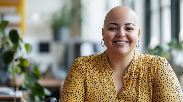 Bald plus size female office worker smiling; office environment; inclusive & diverse friendly workplace. Acceptance of diversity, body inclusive theme. Diversity themes poster concerning baldness, bea