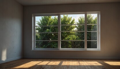 Sunlight streaming through large windows into an empty room.