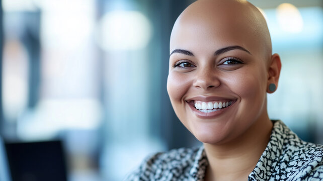 Bald plus size female office worker smiling; office environment; inclusive & diverse friendly workplace. Acceptance of diversity, body inclusive theme. Diversity themes poster concerning baldness, bea