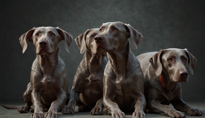 Three sleek grey dogs posed attentively in a dark studio setting