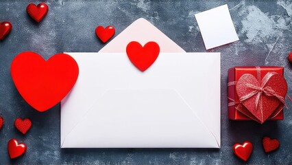 Envelope with blank cards, gift box and hearts on grey grunge background. Valentine's Day celebration